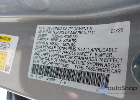 2025 Honda Civic Hybrid Sport z USA, uszkodzony, nr VIN 19XFL4H81SE010663